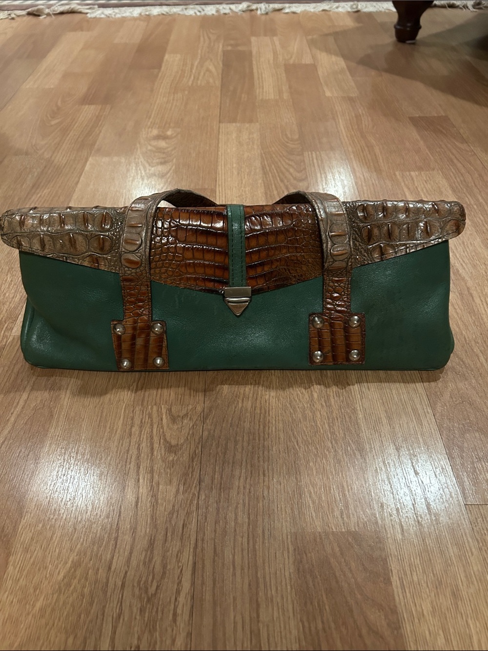 Green Leather Satchel with Brown Croc-Accent Trim